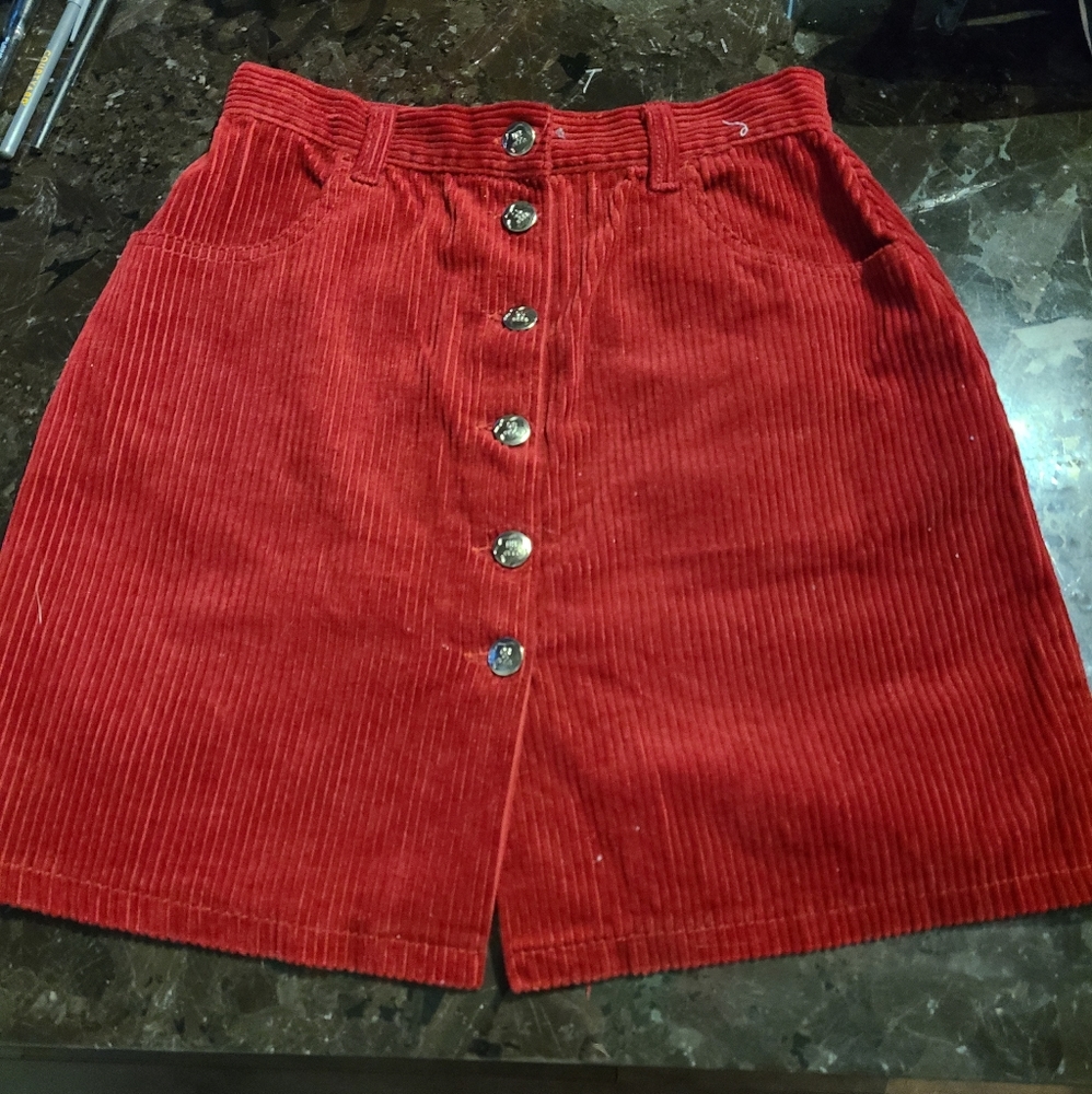 1970's Burgundy Corduroy Button Front Cotton Skirt